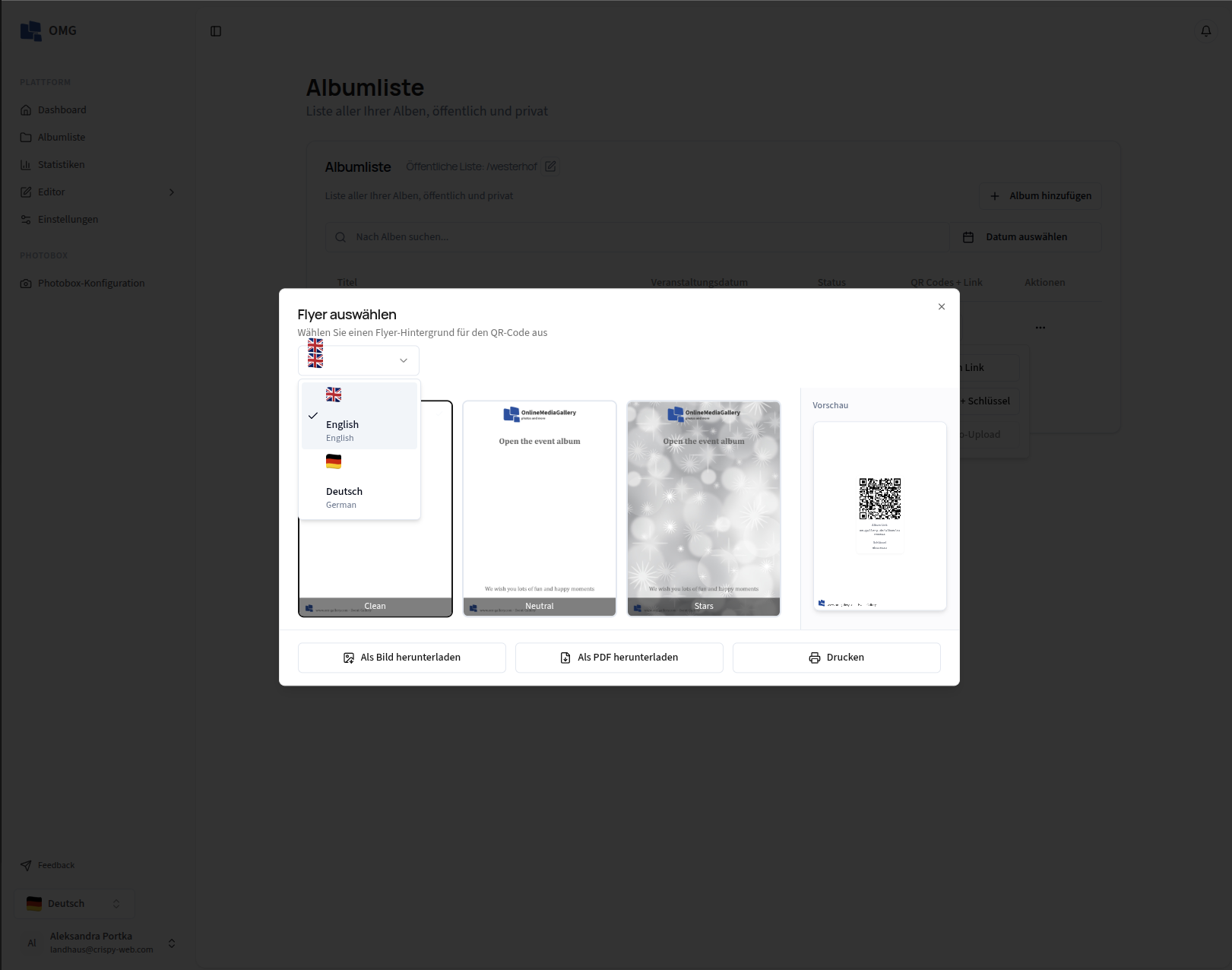 OM Gallery — multilingual flyer download screenshot